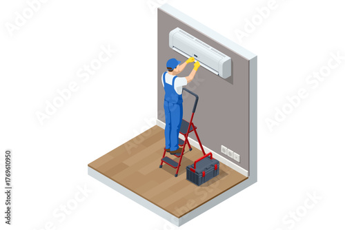 Isometric technician cleaning wall air conditioner indoor unit. Concept of maintenance, HVAC service, and cooling system repair.
