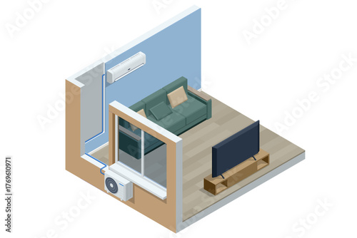 Isometric living room interior with split air conditioner and outdoor unit installation. Concept of home cooling and HVAC system. Maintenance, HVAC service, and cooling system repair.