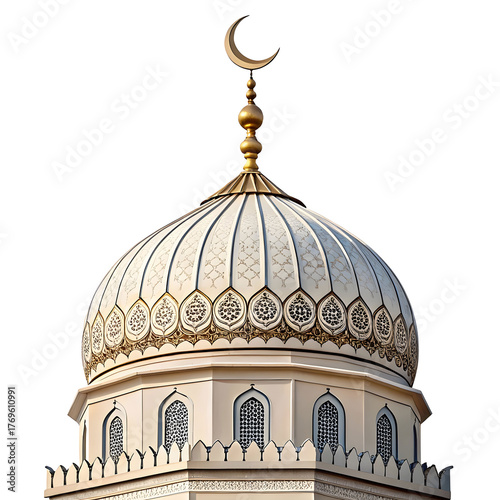 Mosque dome with crescent in sticker style, symbolizing Islamic faith, tradition, and worship, isolated