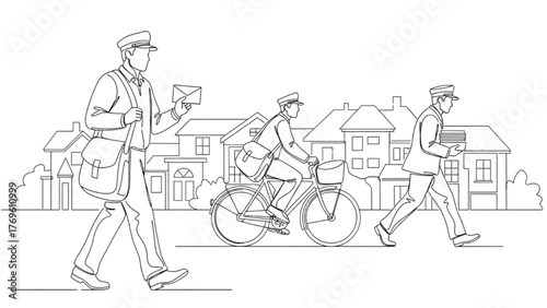 High-Quality Black Continuous Line Art of Three Postmen Walking and Riding Bicycle with Mailbags and Letters, Houses Outlined in Background, Clean Linear Composition