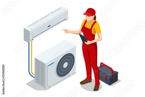 Isometric female technician inspecting split air conditioner system with tablet. Concept of diagnostics, Maintenance, HVAC service, and cooling system repair.