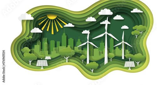 Sustainable city skyline with wind turbines and solar panels under a bright sun, promoting green energy future