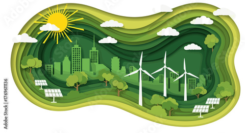 Vibrant green cityscape powered by wind turbines and solar panels under a bright sunny sky