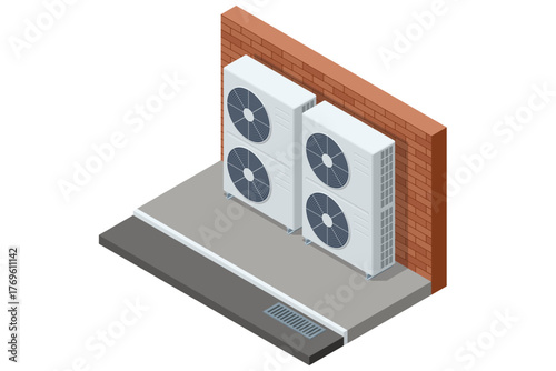 Isometric industrial air conditioning system with ventilation fans. Concept of HVAC technology, energy, and climate control.