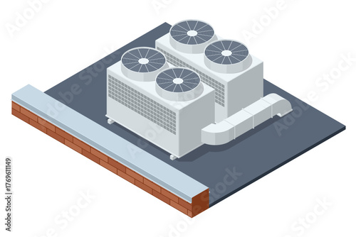 Isometric industrial rooftop air conditioning system with ventilation fans. Concept of HVAC technology, energy, and climate control.
