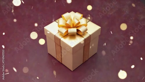 Luxurious golden gift box with elegant ribbon and festive bokeh lights sparkling celebration