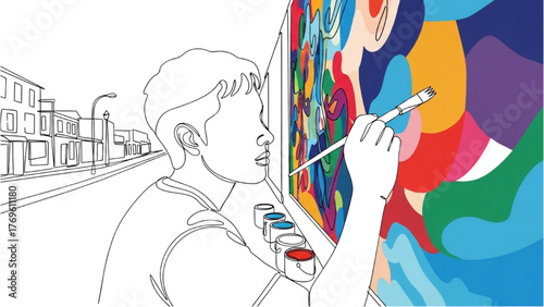 Graffiti Artist Line Art — Creative Painter Working on Wall Mural with Cans and Brushes, Clean Continuous Outline Illustration