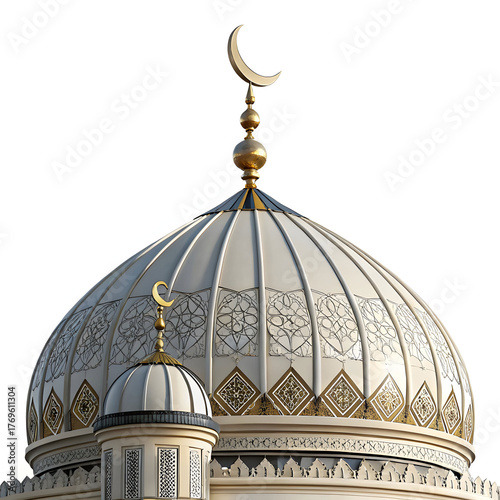 Mosque dome with crescent in sticker style, symbolizing Islamic faith, tradition, and worship, isolated