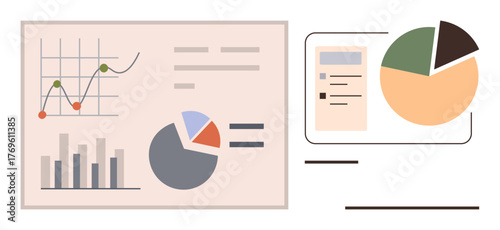 Bar graph, line chart, pie charts, and analytical dashboard elements. Ideal for business analysis, data trends, presentations, reporting, finance productivity simple flat metaphor