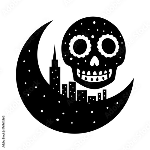 surreal sugar skull moon shining above a glowing vector art illustration