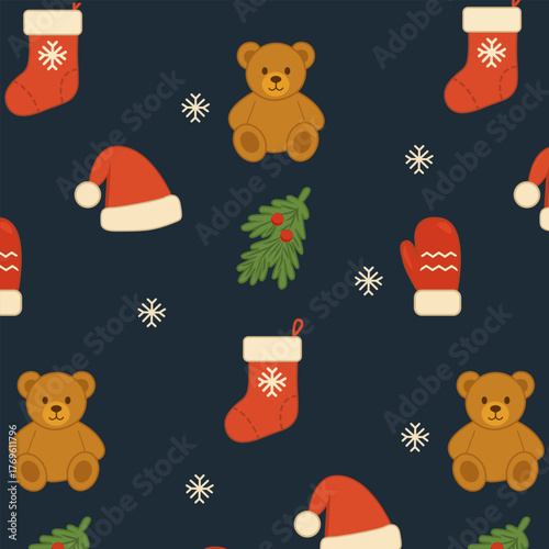 New Year's pattern with Santa Claus attributes and a teddy bear.