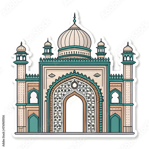 Mosque gate with Islamic arch design in sticker style, symbolizing tradition, architecture, and faith