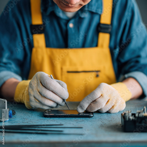 Focused Work: Detailed View of a Technician Repairing a Mobile Device.
