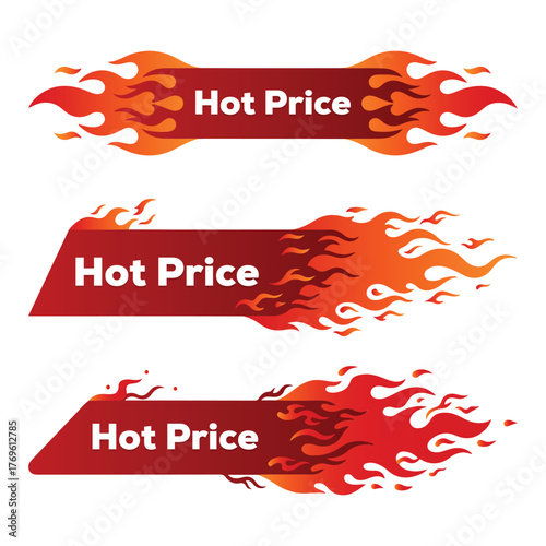 Collection of fiery red and orange “Hot Price” banners with flame effects. Perfect for sale promotions, marketing ads, online stores, and e-commerce discounts.