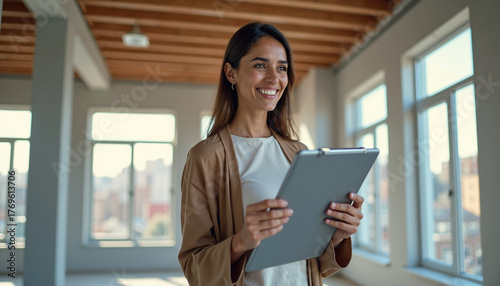 Woman holding clipboard, planning in empty room for home improvement. Home improvement design ideas in empty apartment, with happy woman smiling.