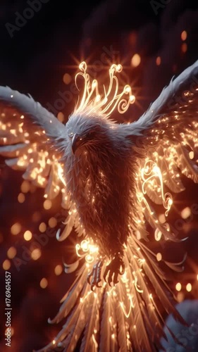 Mythical White Eagle Ascending With Fiery Golden Wings and Sparks in Dark Sky
