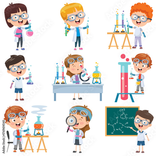 This dynamic image features children enthusiastically conducting chemistry experiments, showcasing the joy of scientific exploration and hands-on learning in a vibrant classroom setting.