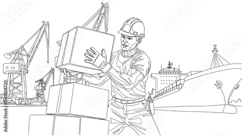 Port Worker Line Art — Dock Laborer Managing Cargo with Ship and Crane Background, Expressive Minimal Vector Illustration