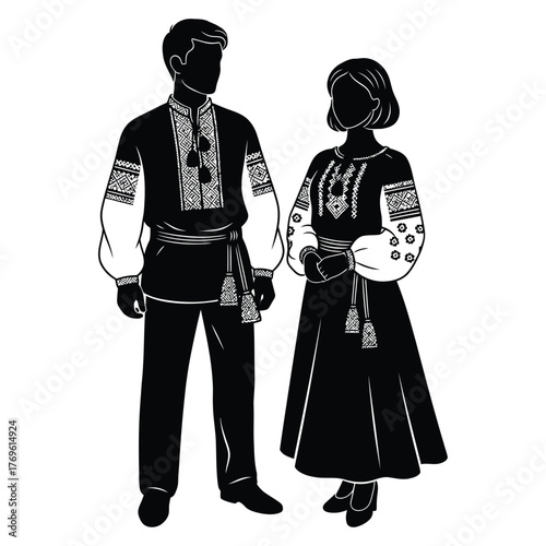 Silhouette of a couple in traditional Ukrainian embroidered clothing woman