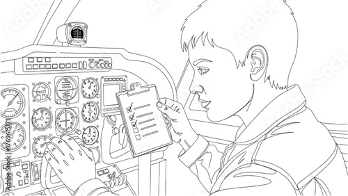 Aircraft Pilot Line Art — Professional Checking Instruments in Cockpit with Checklist, Minimal Expressive Vector Illustration