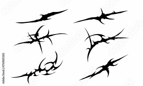 Set of abstract tribal shapes with a stiff touch vector design, gothic streetwear elements isolated on white background