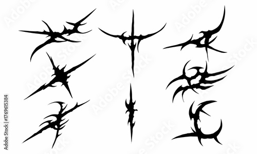 Set of abstract tribal shapes with a stiff touch vector design, gothic streetwear elements isolated on white background