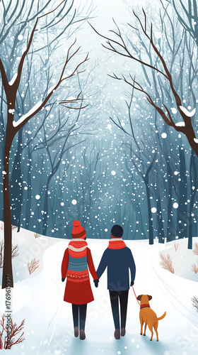 Couple holding hands while walking with dog in snowy winter forest  