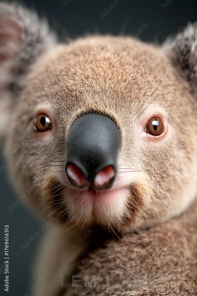 Fototapeta premium Close-up portrait of a cute koala with its charming brown eyes and a distinct black nose. The koala's fuzzy, light brown fur adds to its endearing appeal. Focused with precision.