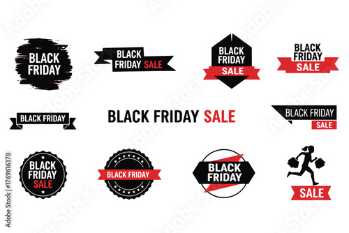 Collection of black friday sale banners isolated on white background, featuring various designs with bold typography and eyecatching graphic elements vector illustration