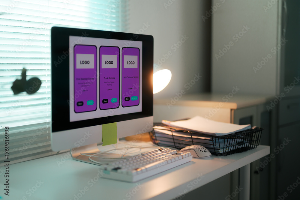 Naklejka premium Computer monitor displaying mobile app UI design concepts
