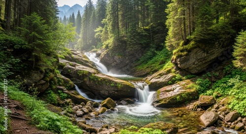 Majestic Forest Waterfall Cascading Over Mossy Rocks Amidst Lush Greenery.