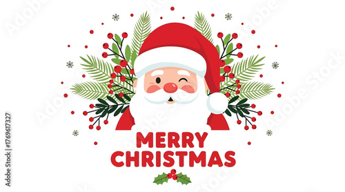 Cheerful santa claus winking with merry christmas text, surrounded by festive foliage and berries, perfect for holiday greetings, invitations, and seasonal promotions