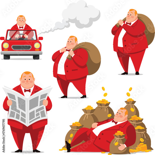 Collection of a wealthy portly cartoon businessman in a red suit with money bags.