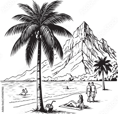 palm trees on the beach engraving outline vector art illustration design, palm tree silhouette, hand drawn beach drawing, line art palm tree, sea, beach, summer view, vintage palm tree on sea beach.	