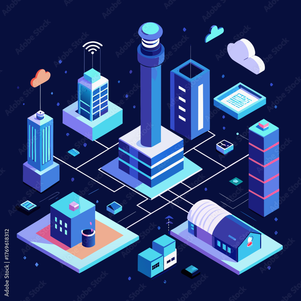 Fototapeta premium Isometric Vector Illustration of a Connected Cityscape Buildings, Towers, and Networks in a Modern, Futuristic Style with Wireless Technology, Data Flow, and Urban Planning Concepts