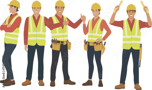 Construction workers, safety gear, hard hats, tool belts, teamwork, industrial site, labor force, reflective vest, building crew, occupational safety, tools, teamwork, construction site, manual labo