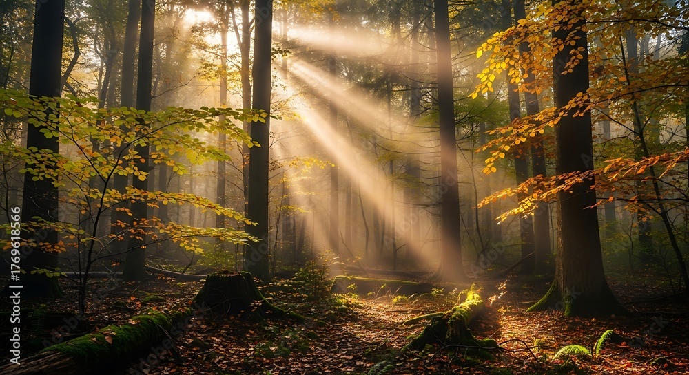 Obraz premium Sunlight Streaming Through Autumnal Forest Canopy - A Serene Woodland Scene.