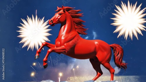 Majestic red horse rearing against vibrant fireworks display symbolizing celebration power and