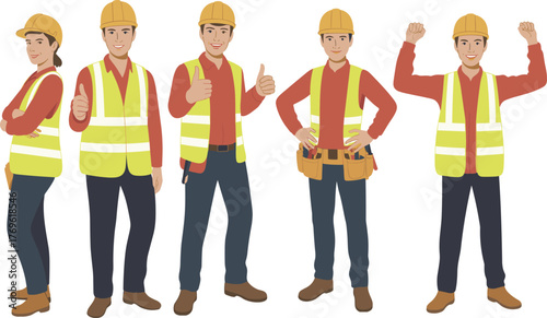 Construction workers, safety gear, hard hats, reflective vests, teamwork, industrial site, labor force, professional crew, occupational safety, building industry, posing confidently