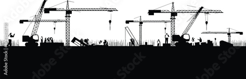 Construction site with cranes, excavators, workers, scaffolding, heavy machinery, industrial development, urban building, teamwork, engineering, infrastructure, silhouette, labor, progress,