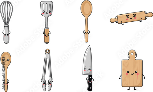 Set of Cute Kawaii Cartoon Kitchen Utensils Vector, Whisk Spatula Knife and Rolling Pin Characters, Cooking and Baking Graphics.