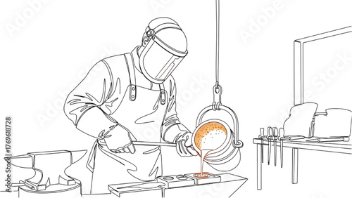 Forge Work Line Art — Artisan Pouring Molten Metal with Safety Gear in Workshop, Expressive Minimal Vector Illustration
