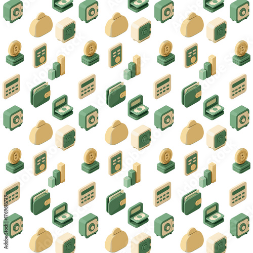    Seamless isometric pattern of glossy 3D finance icons in soft green and beige hues, including wallets, safes, purses, calculators, coins, and charts, symbolizing modern banking, economy, a