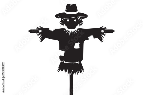 Silhouette of a scarecrow with a hat and patches isolated on white background, standing in a field to protect crops from birds and other animals vector illustration