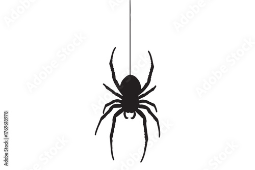 Silhouette of a spider hanging from a thread isolated on white background, creating a spooky and eerie atmosphere for halloween decorations vector illustration