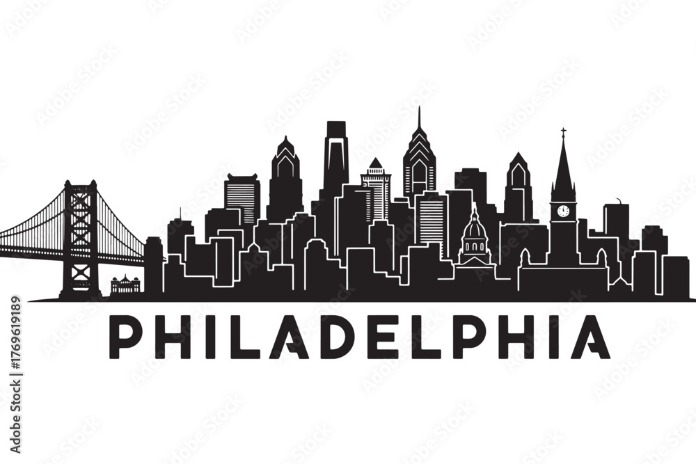 Naklejka premium Philadelphia skyline silhouette isolated on white background, capturing the essence of the citys historic architecture and modern urban landscape vector illustration