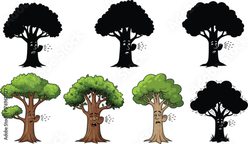 Funny Cartoon Tree Characters Attacked by Insects Vector Set, Nature Preservation and Pest Control Humor Illustration, Tree Silhouette Graphics.