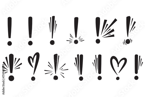 A collection of whimsical exclamation point designs isolated on white background, each with unique flair and character, adding emphasis and excitement vector illustration