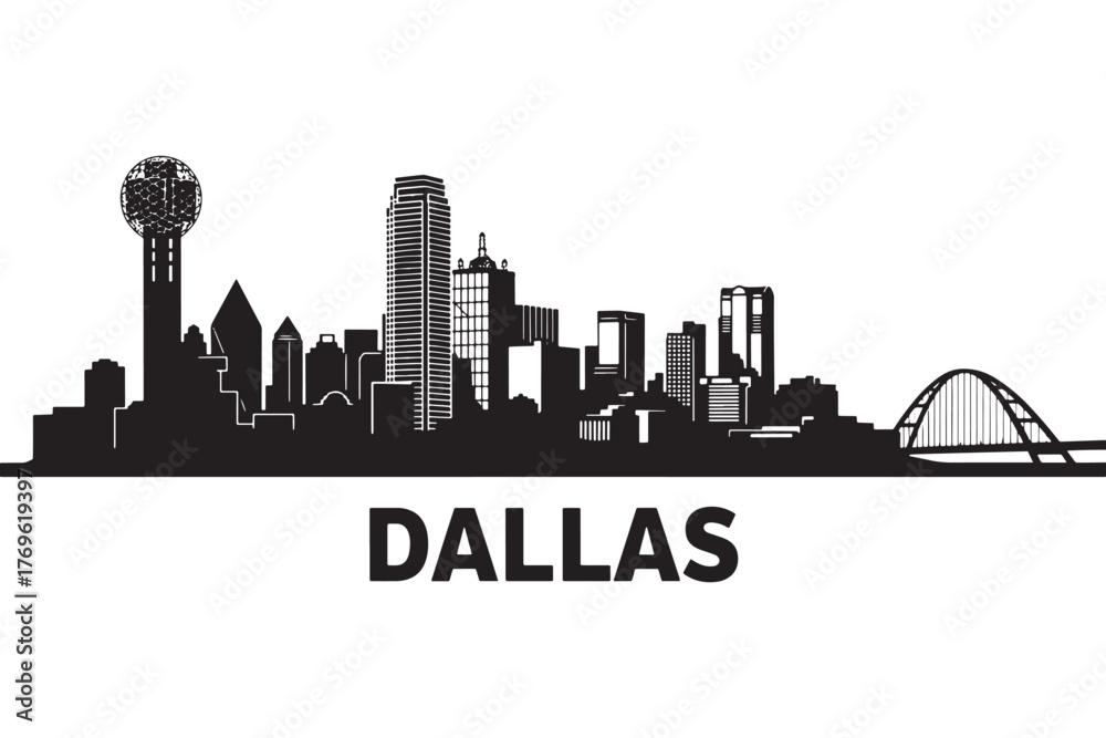Fototapeta premium Silhouette of the dallas skyline isolated on white background showcases iconic buildings and landmarks against a clean backdrop, capturing the citys essence vector illustration