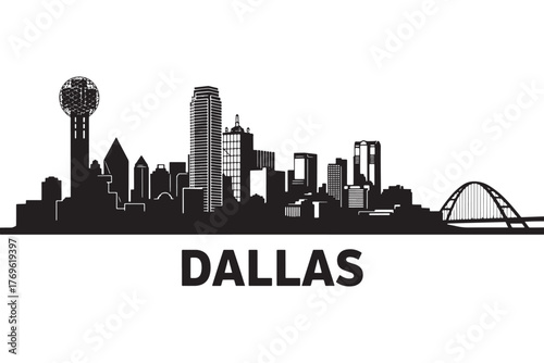 Silhouette of the dallas skyline isolated on white background showcases iconic buildings and landmarks against a clean backdrop, capturing the citys essence vector illustration